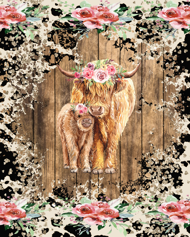 260 2 Brown calves with black a white cow print background