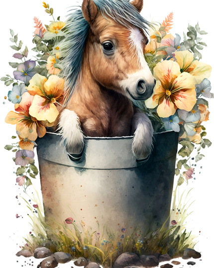 Pony in a water bucket