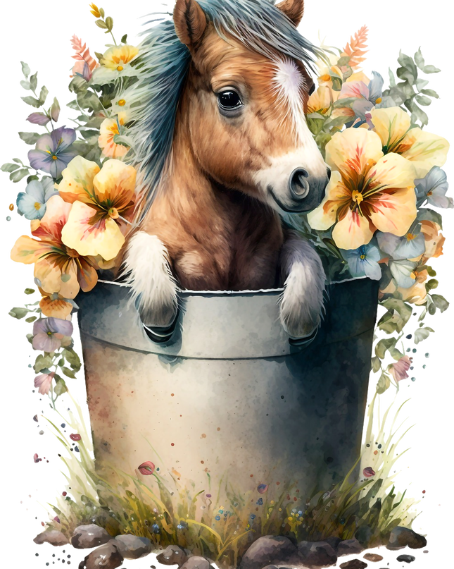 Pony in a water bucket