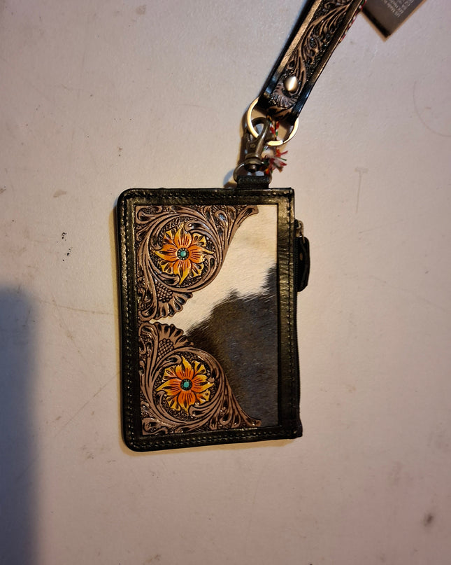 Wildflower Mesa Handtooled Hairon Leather Card Holder In Prairie Amber - Prairie Amber